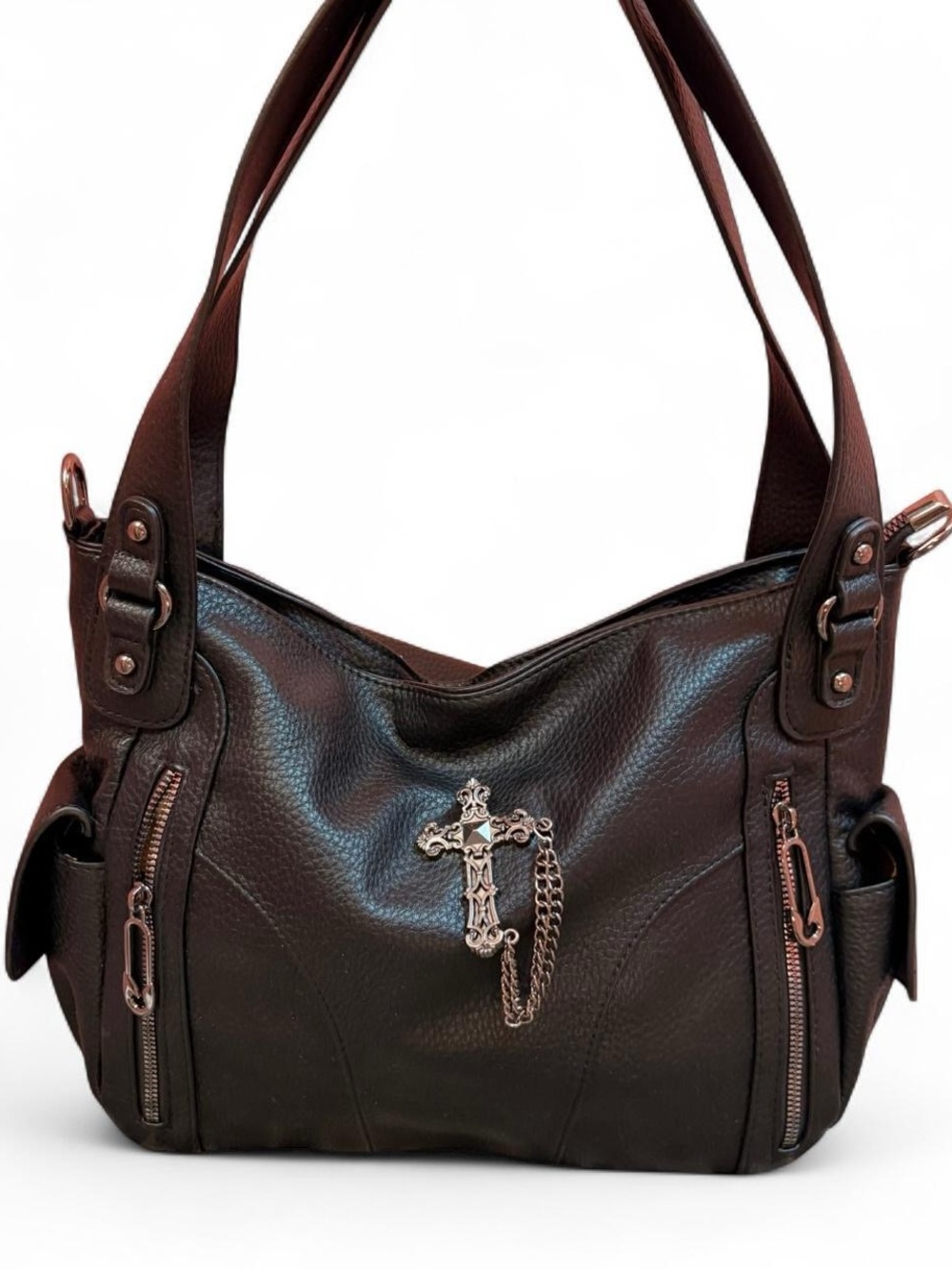 Leather Shoulder Bag with silver Cross Accent